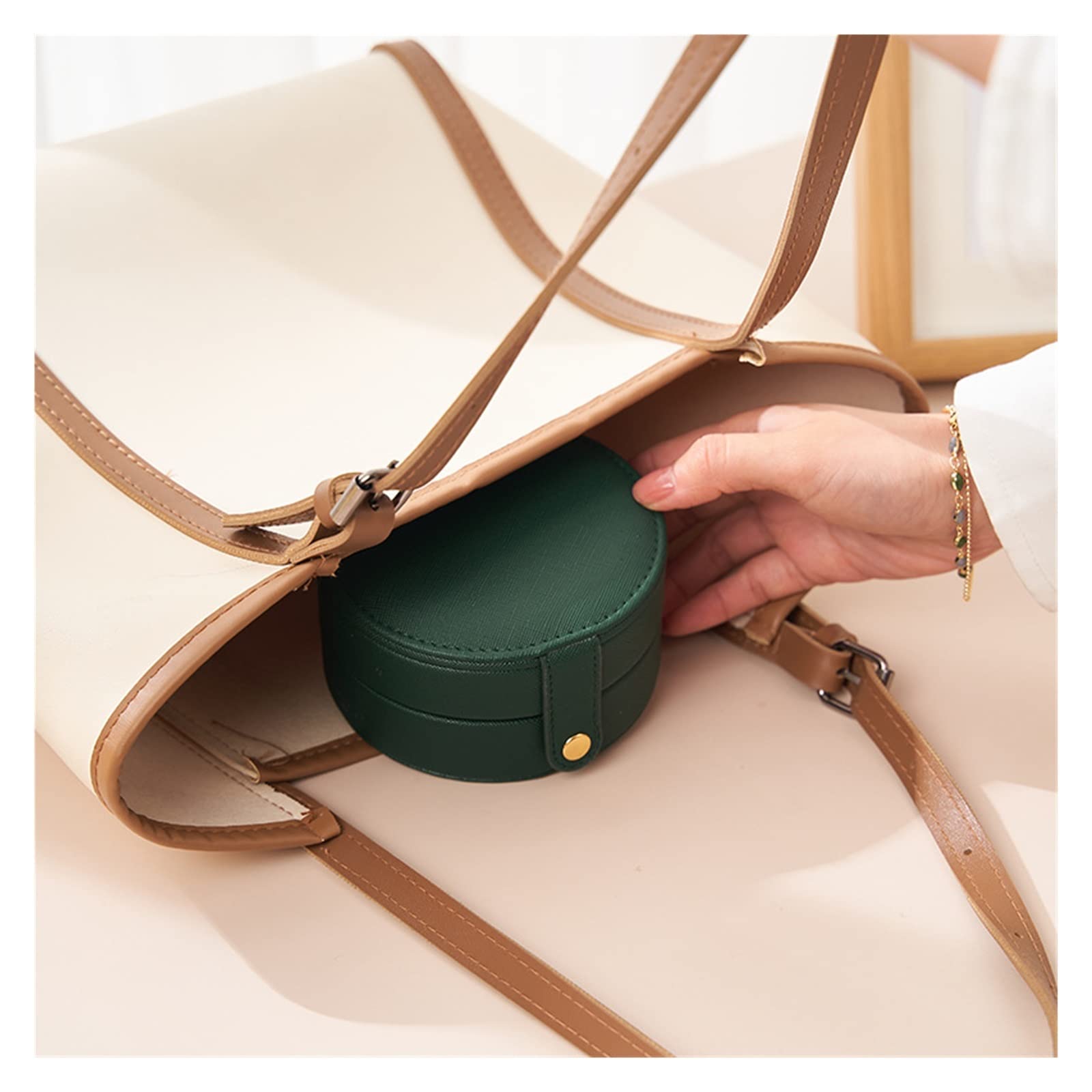 Przenośne pudełko do przechowywania biżuterii Okrągły kształt Dwuwarstwowe etui na kolczyki/pierścionki Mini pudełka ze skóry PU /252(Green)