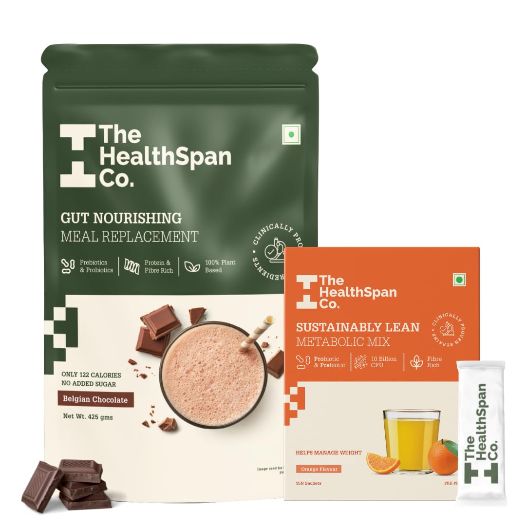 The Healthspan Co. 2 Weeks Weight Management Package For Men & Women | Gut Nourishing Meal Replacement Shake 425Gm Belgian Chocolate And Probiotic (3Gm X 15 Sachets), Orange | No Added Sugar The Healthspan Co. 2 Weeks Weight Management Package For Men & Women | Gut Nourishing Meal Replacement Shake 425Gm Belgian Chocolate And Probiotic (3Gm X 15 Sachets), Orange | No Added Sugar