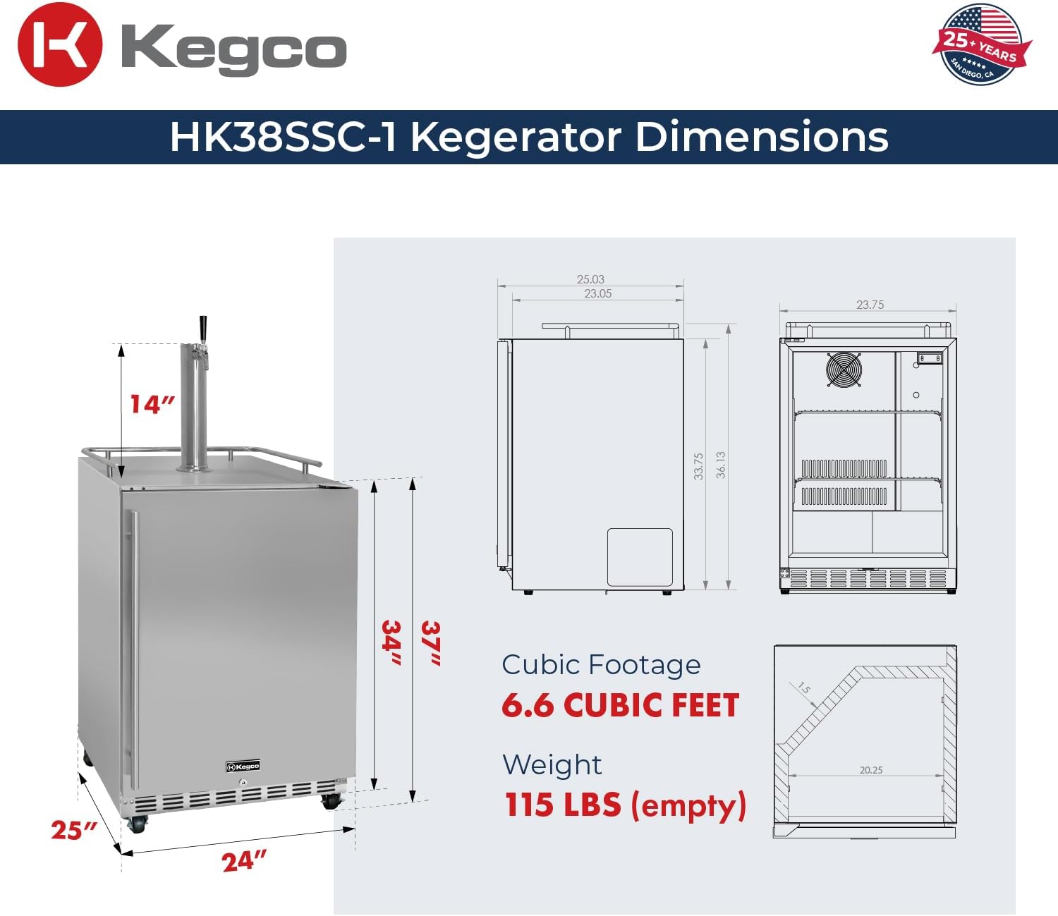 Kegco Kegerator 24" Wide Single Tap Stainless Steel Commercial Beer Dispenser HK38SSC-1