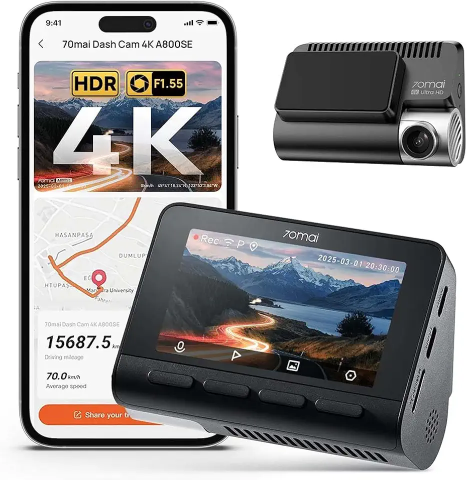 70mai A800SE Câmera Veicular 4K Frontal com STARVIS, Dash Cam com WiFi 5GHz & GPS Integrado, Visão Noturna Super, ADAS, Tela IPS 3'', Modo Estacionamento 24H, Lapso de Tempo(Sem Cartão SD)