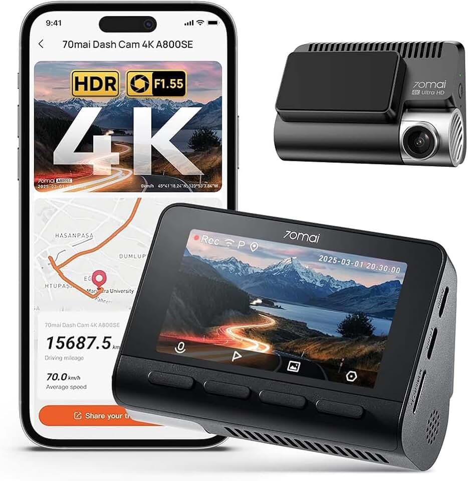 70mai A800SE Câmera Veicular 4K Frontal com STARVIS, Dash Cam com WiFi 5GHz & GPS Integrado, Visão Noturna Super, ADAS, Tela IPS 3'', Modo Estacionamento 24H, Lapso de Tempo(Sem Cartão SD)