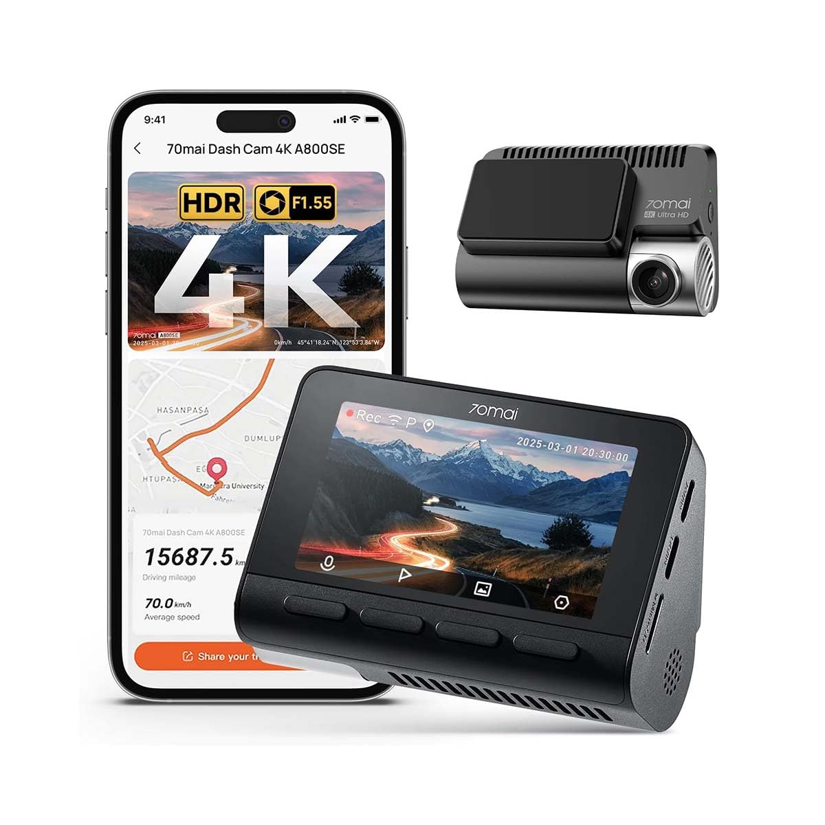 アクセサリー 70mai Dash Cam A800SE 4K/FHD 64GB 70mai A800SE Câmera Veicular 4K Frontal com STARVIS, Dash Cam com