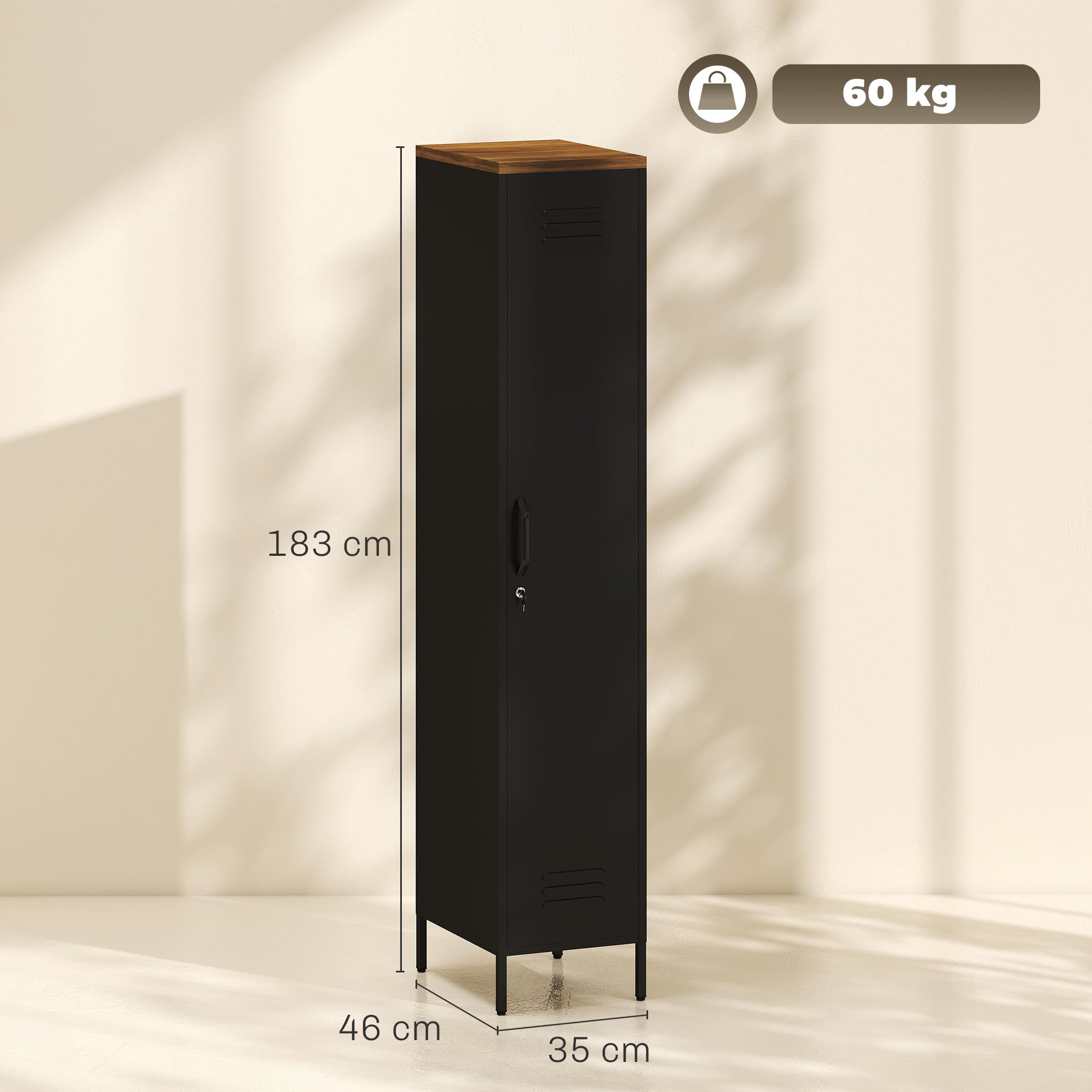 HOMCOM Armadietto Spogliatoio 35x46x183 cm Nero e Marrone Effetto Legno | Slim in Metallo, Chiusura a Chiave, Ripiani Regolabili, Armadio Metallico Multiuso, Industriale, per Casa Ufficio Garage