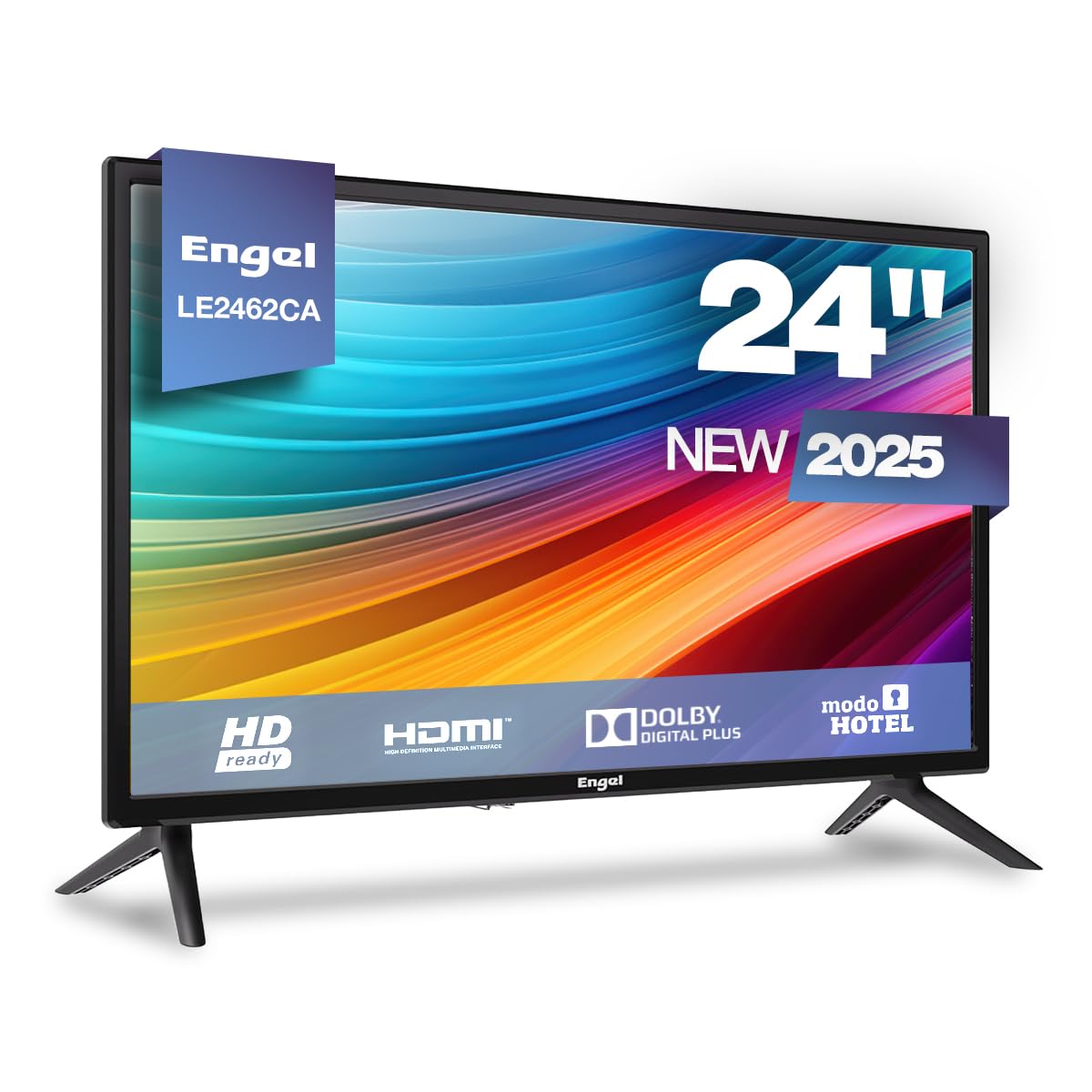 Engel LE2462CA - Televisor LED de 24'' HD Ready para Camping y Caravanas - 3 HDMI, 2 USB, Adaptador de Coche, Audio Dolby, Compacto y Ligero - Sintonizador DVB-T2/S2/C - Modo Hotel - PVR y Time-Shift