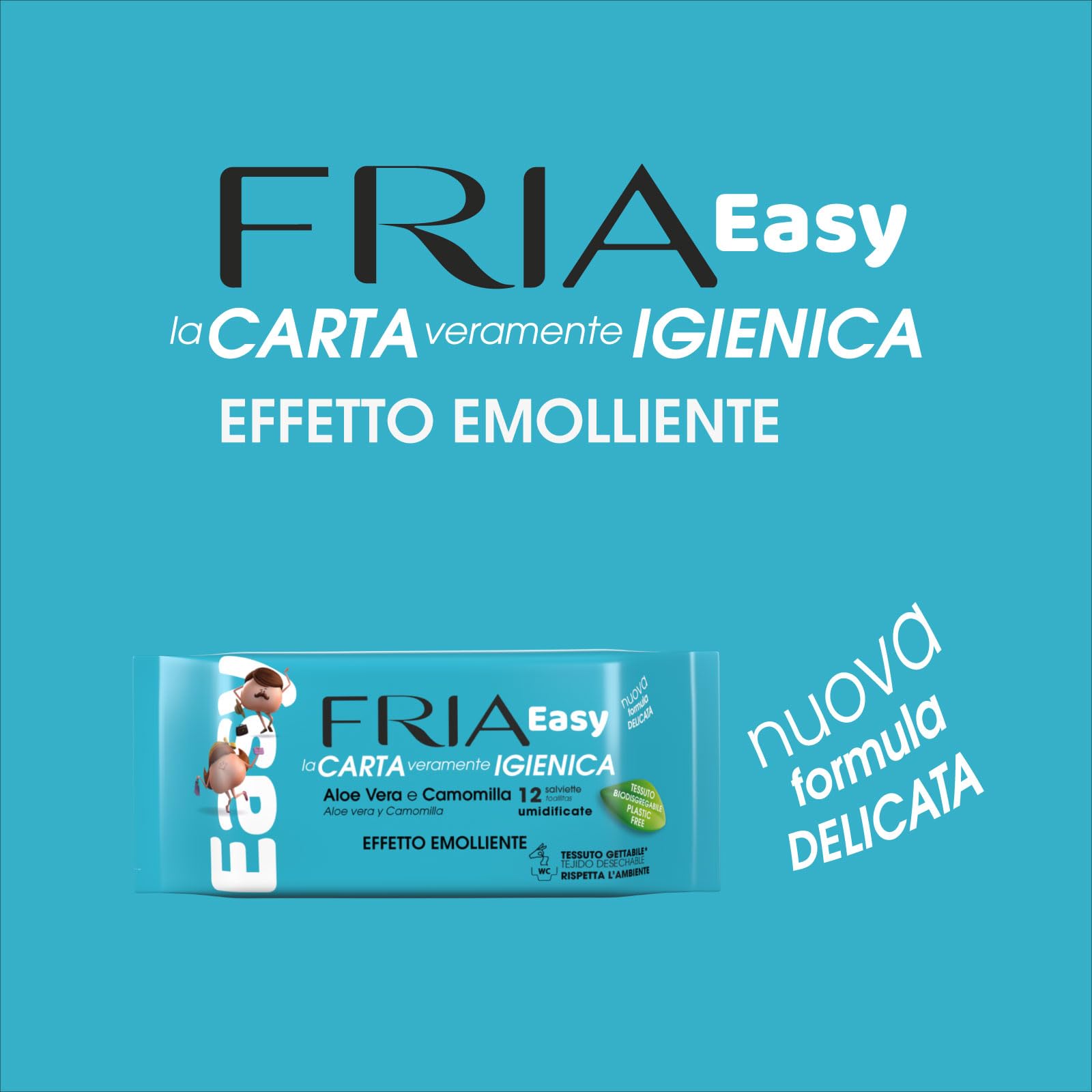 Fria Easy Carta Igienica Umidificata con Aloe Vera e Camomilla, Tessuto Gettabile nel WC, Dermatologicamente Testate, Confezione Tascabile da 12 Salviette