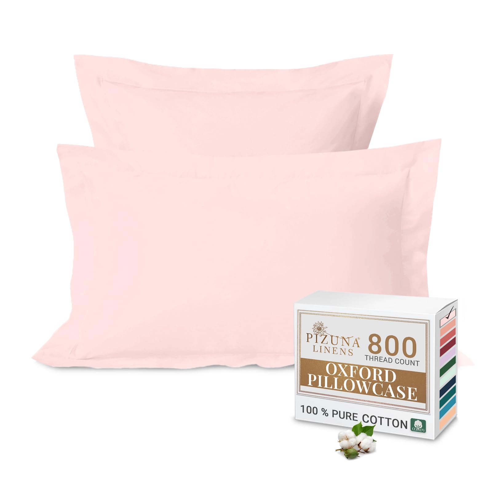 Pizuna Luxurios Cotton Standard Pillowcases 2 Pack Light Pink 50x75cm, 800 Thread Count Long Staple Combed Cotton Pillow Cover, Crisp Sateen Weave Oxford Pillow Cases (Luxury Pillowcase 2 PC)
