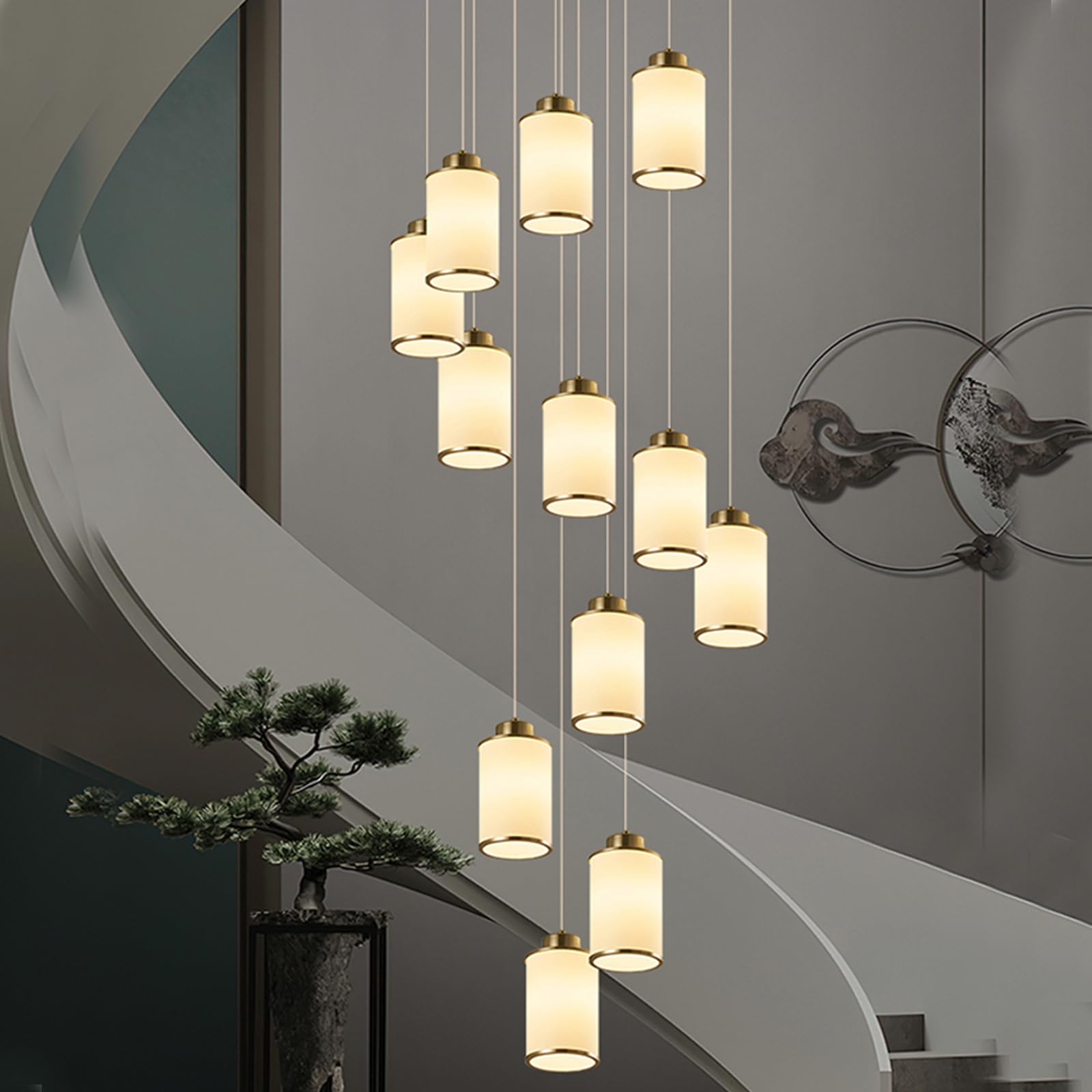HYJAUSXB Retro Multi Glass Balls Staircase Chandelier Spiral Modern Pendant Lights for Villa Duplex Long E27 LED,12 Heads