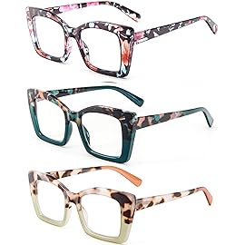 REAVEE 3 Pack Oversized Square Reading Glasses Oprah Style for Women, Blue Light Blocking Large Frame Computer Designer Fashion Readers with Spring Hinge (Flower/Blue/Green,2.25)