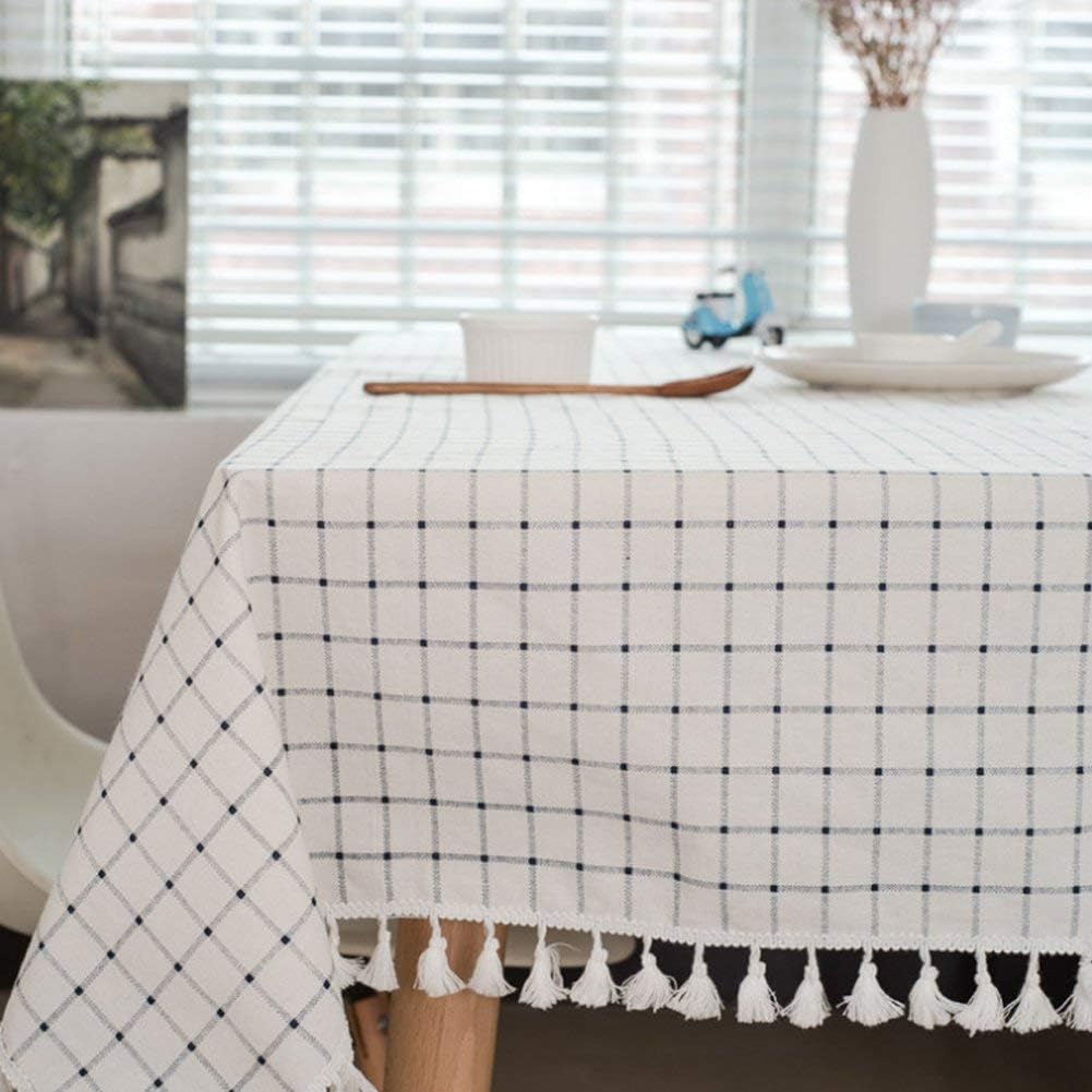 meioro Tablecloth Table Cover Cloth White and blue plaid tablecloths Mediterranean style Fresh and artistic cotton and tassel tablecloths Rectangular coffee table tablecloths(Blue and White,90×90cm)