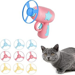 Cat Fetch Toys Colorful Flying Propellers Cat Chasing Flying Propeller Cat Playing Toy with 1 Launchers & 10 Discs for Interactive, Exercising, Training, Hunting, Chasing, Batting (Random Color)