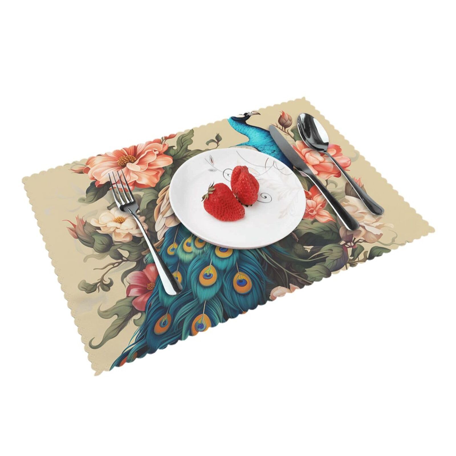 Placemats Set of 4 Heat Resistant Woven Place Mats for Dining Table Peacock and Flowers Placemats Washable Wipeable PVC Table Mats Indoor/Outdoor Place Mats for Party Kitchen Decor 30x45 cm