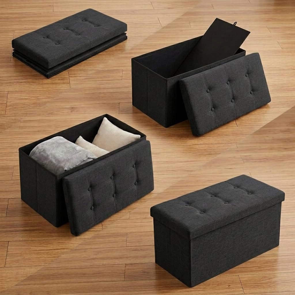 Edihome, Pouf Rangement Pliable avec Couvercle en Tissu 38x76x38 cm – Coffre de Rangement, Banc Multifonction, Repose Pied Salon, Coiffeuse (Noir)
