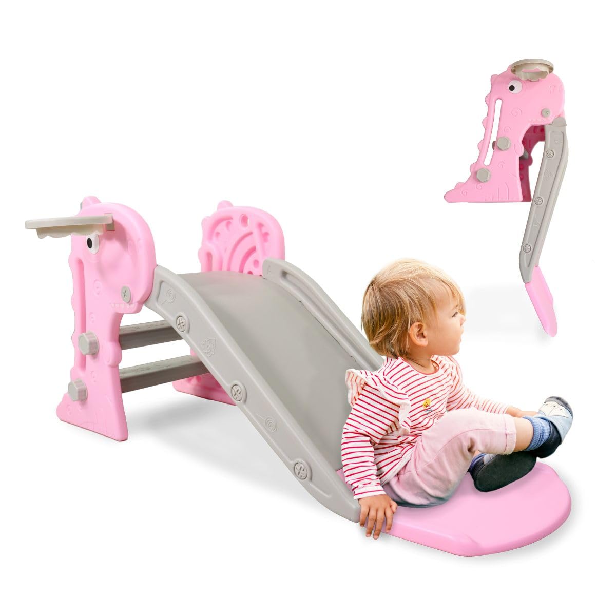 Mobiclinic® kids, Tobogán infantil, Dino, Plegable, Incluye cesta y pelota. bordes redondeados, Antideslizante, Máx. 35 kg, Estable, Seguro, Fácil montaje, Para interior exterior, Rosa