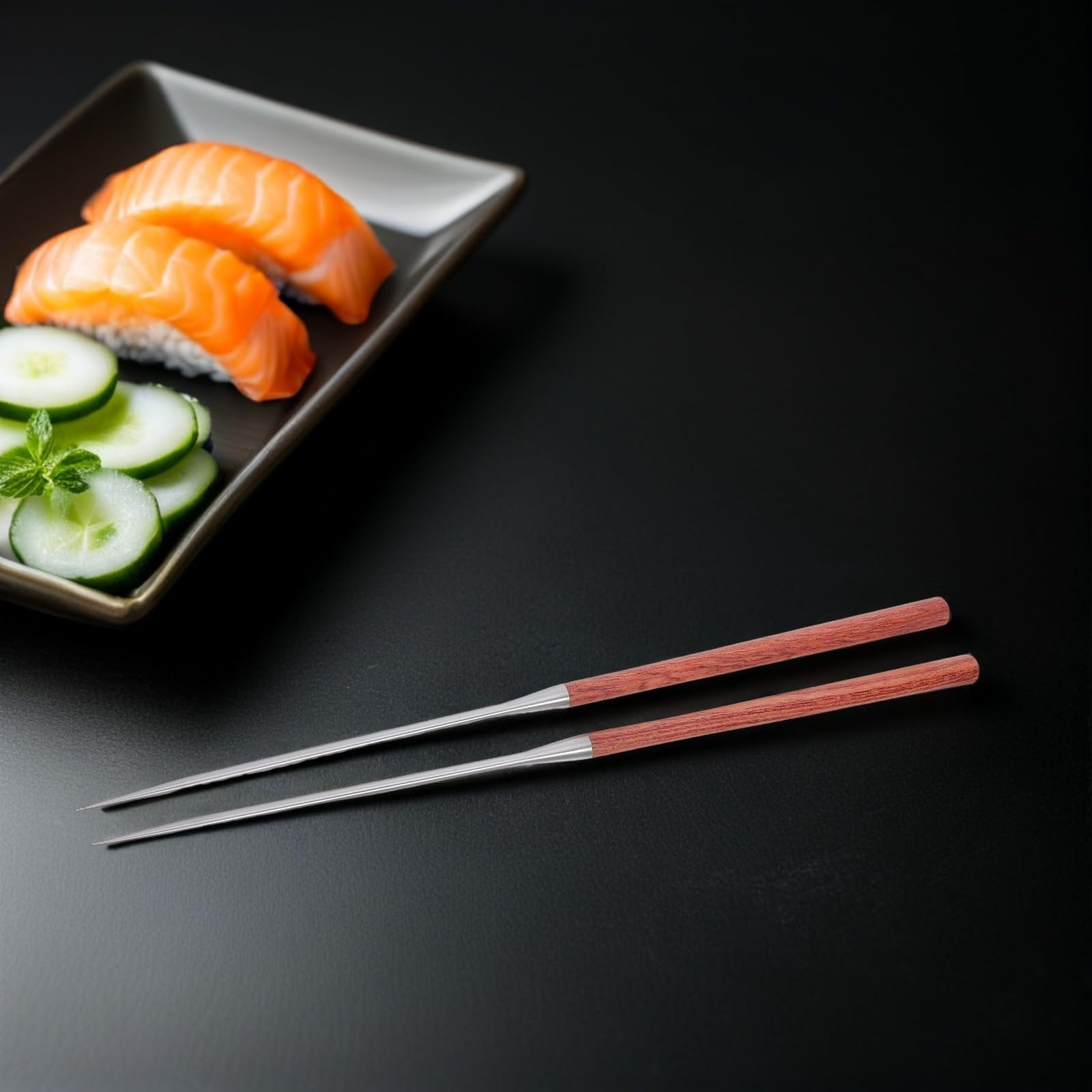 SOLUSTRE Bacchette per Sushi in Acciaio Inossidabile Manico in Legno Rinforzato e Punta Affilata, Antiscivolo, per Cucina e Ristorante, Stile Asiatico Semplice