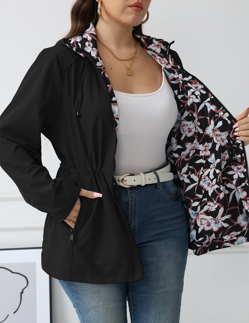 Geschallino Donna Cappotto Casual Reversibile Taglie Forti Stampa Floreale Giacca a Vento Leggera con Cappuccio