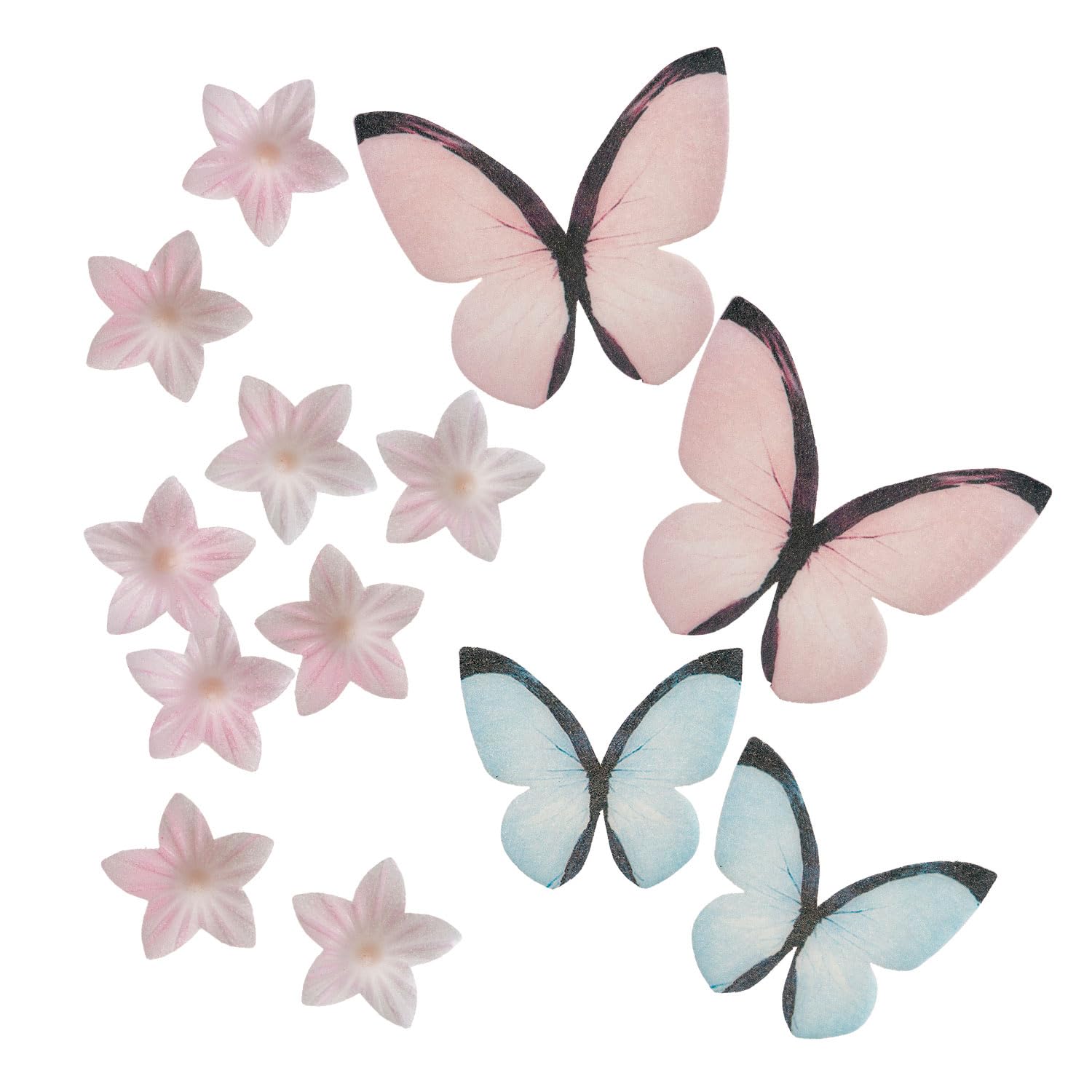 dekora - Edible Wafer Decorations Blister with Mini Pink Flowers and Pink & Blue Butterflies - 38 Pieces for Decorating Cupcakes and Cakes