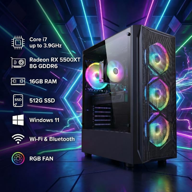 Image of STGAubron Gaming PC Desktop Computer, Intel Core i7 up to 3.9GHz, Radeon RX 5500XT 8G, 16GB RAM, 512GB SSD, WiFi 6, BT 5.2, RGB Fan x 4, Windows 11 Home