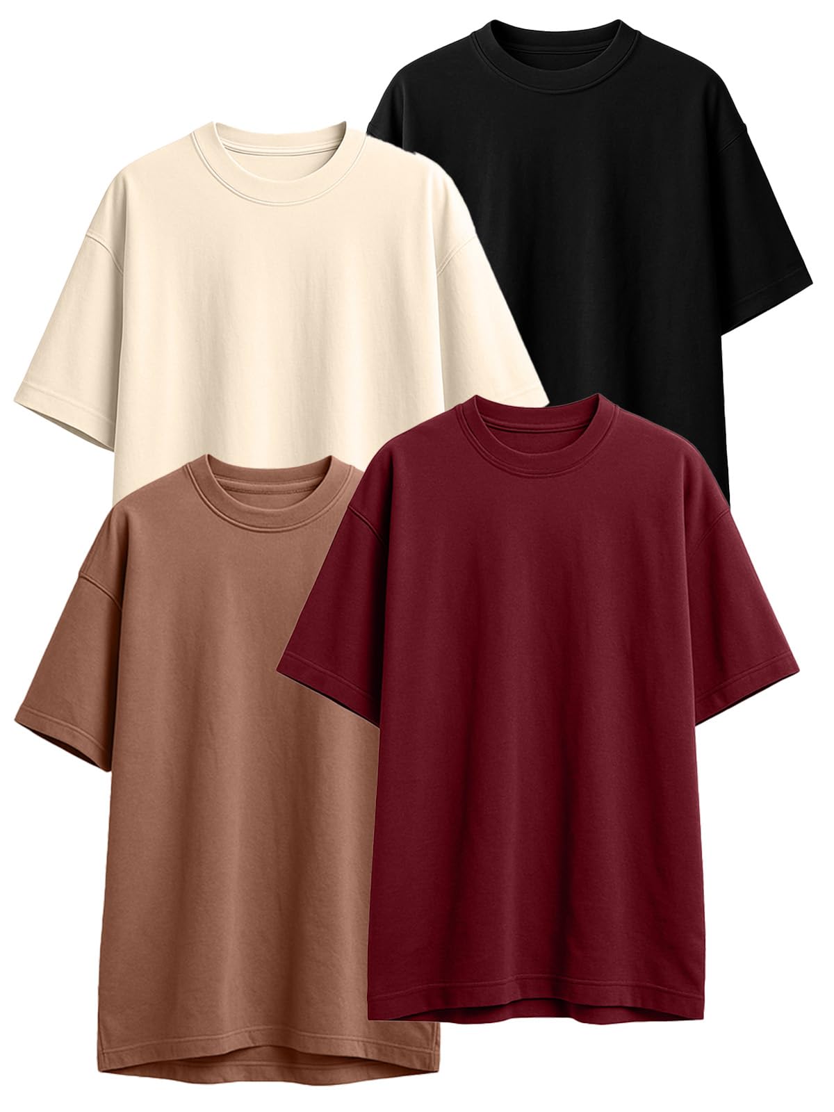 100% Pure Cotton Oversized Loose Fit Half Sleeve Drop Shoulder Solid Core Round Neck Multicolor T-Shirt Combo for Women (Pack of 4) (Colors: Black, White, Swanwhite, Brown, Lilac & Maroon)