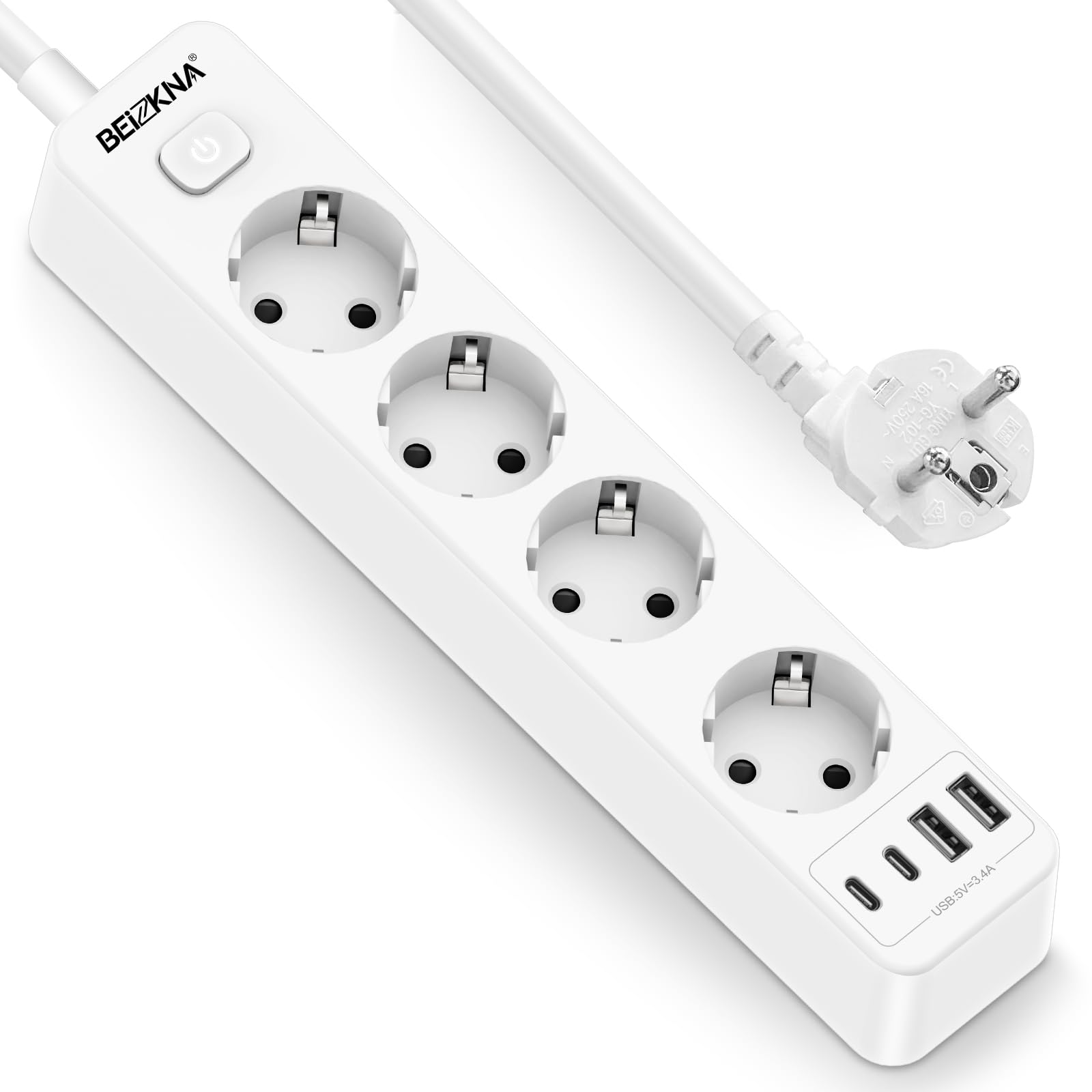 Steckdosenleiste 4 USB Mehrfachsteckdose Wandmontage 4-Fach Steckerleiste Überspannungsschutz 2 USB C Steckdose mit Schalter 4000W 16A Verteilersteckdose Multisteckdose mit 1,8M Kabel, Weiß