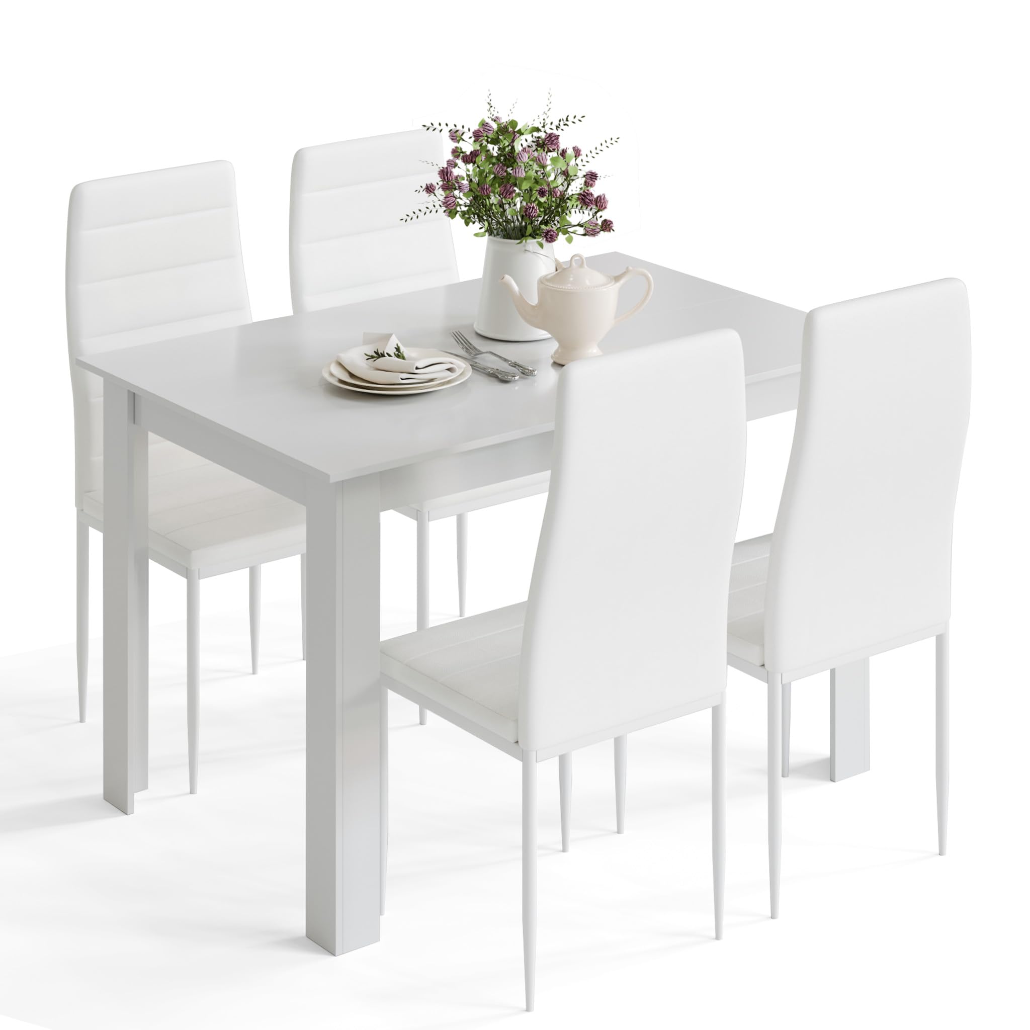 Mondeer Esstisch mit 4 Stühlen Set, Essgruppe mit Hochlehner Kunstleder Stuhl für Küche Esszimmer Wohnzimmer, W120 x D80 x H75 cm, Weiß