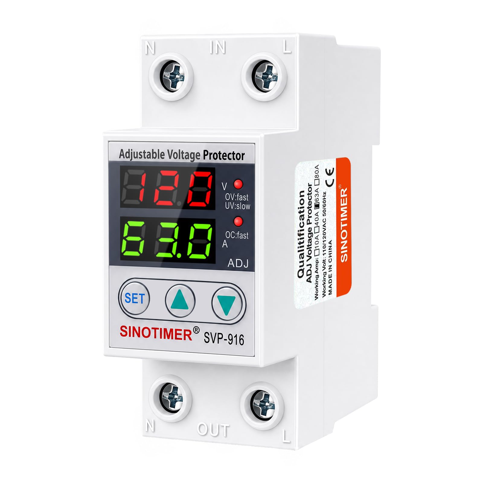 Protección contra sobrecorriente y bajo voltaje con reinicio retardado 63 A, protección de tensión, 230 V, pantalla LED doble, protección contra restablecimiento de tensión