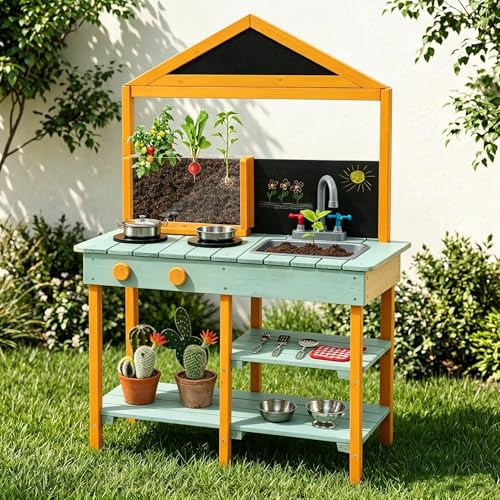 DREAMADE Matschküche Kinder Outdoor, Kinderküche Tannenholz, Spielküche...