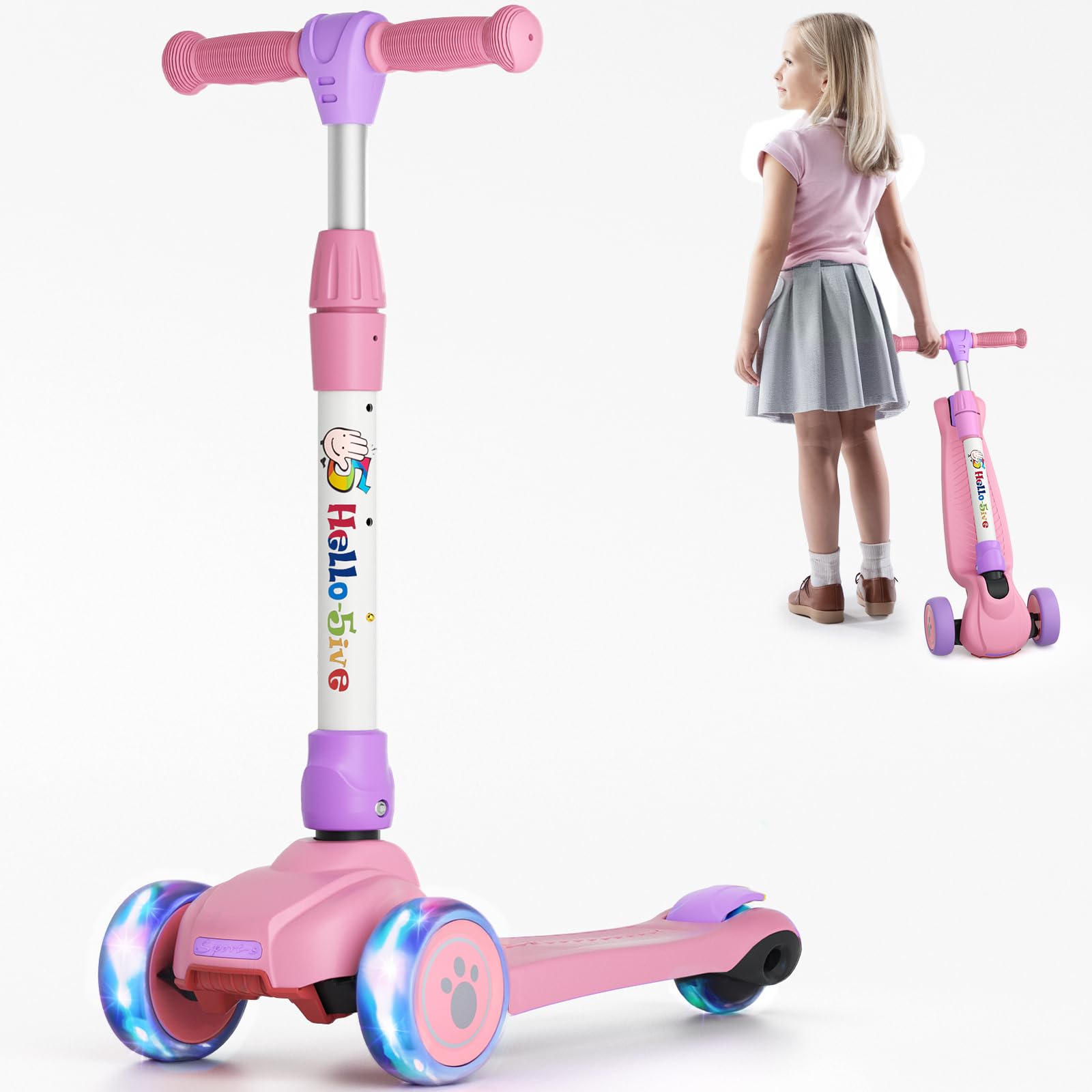 Scooter for Kids Ages 2-8, 3 Wheel Foldable Kids Scooter For Boys Girls, Toddler Kick Scooter With Adjustable Height & Non-Slip Deck & LED Light Up Wheels for the Club, Park，Outdoor. (Pink&Purple) — image 1