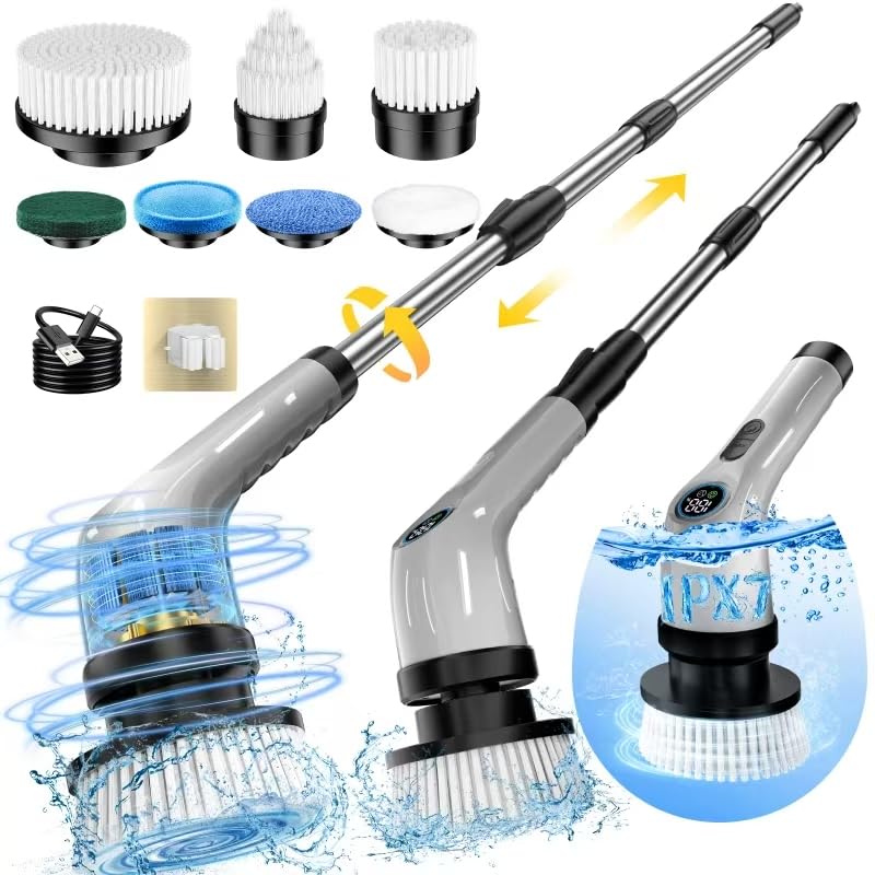 Electric Spin Scrubber, Full-Body IPX7 Waterproof Cordless Power Cleaning Brush with Adjustable Extension Handle, 2-Speed Shower Scrubber with 7 Replaceable Brush Heads for Bathroom, Kitchen, Grey