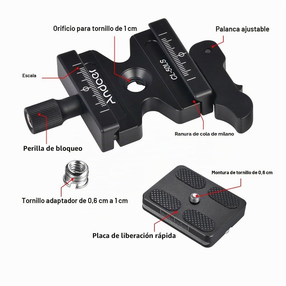 Andoer CL-50LS Tensor Rápido y Zapata Rápida con Palanca Ajustable Botón Tipo de 1/4"y 3/8" Tornillo Agujeros Compatible para Estándar Zapata Rápida Rótula de Trípode