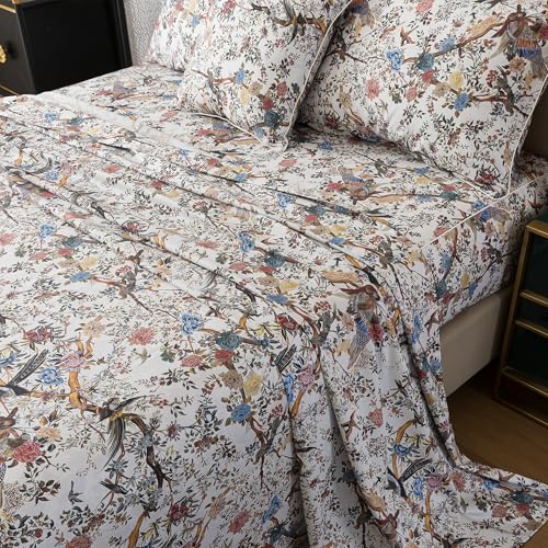 Image of FADFAY Sheets Set King Botanical Bird Floral Bed Sheets Set Vintage Mocha Mousse Farmhouse Bedding Shabby Branches Bedding 100% Egyptian Cotton Breathable Soft 17.7 inch Deep Pocket 4Pcs, King Size