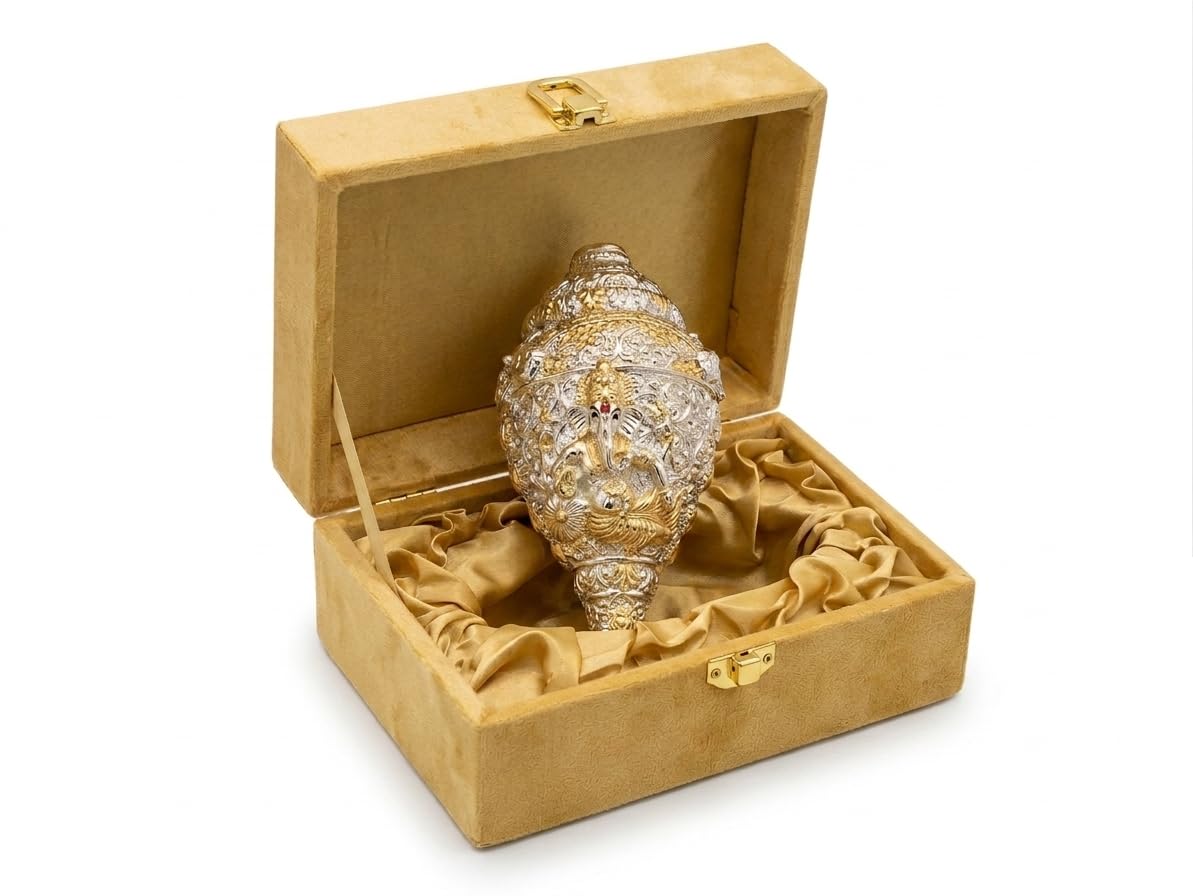 999 Pure Silver Plated & 24K Gold Plated 5.5 Inch Ganesh Shankh with Premium Gift Box | Ganesh Idol for Home Decor, Mandir & Vastu | Wedding Gift for Couples | Housewarming Gift-image-28