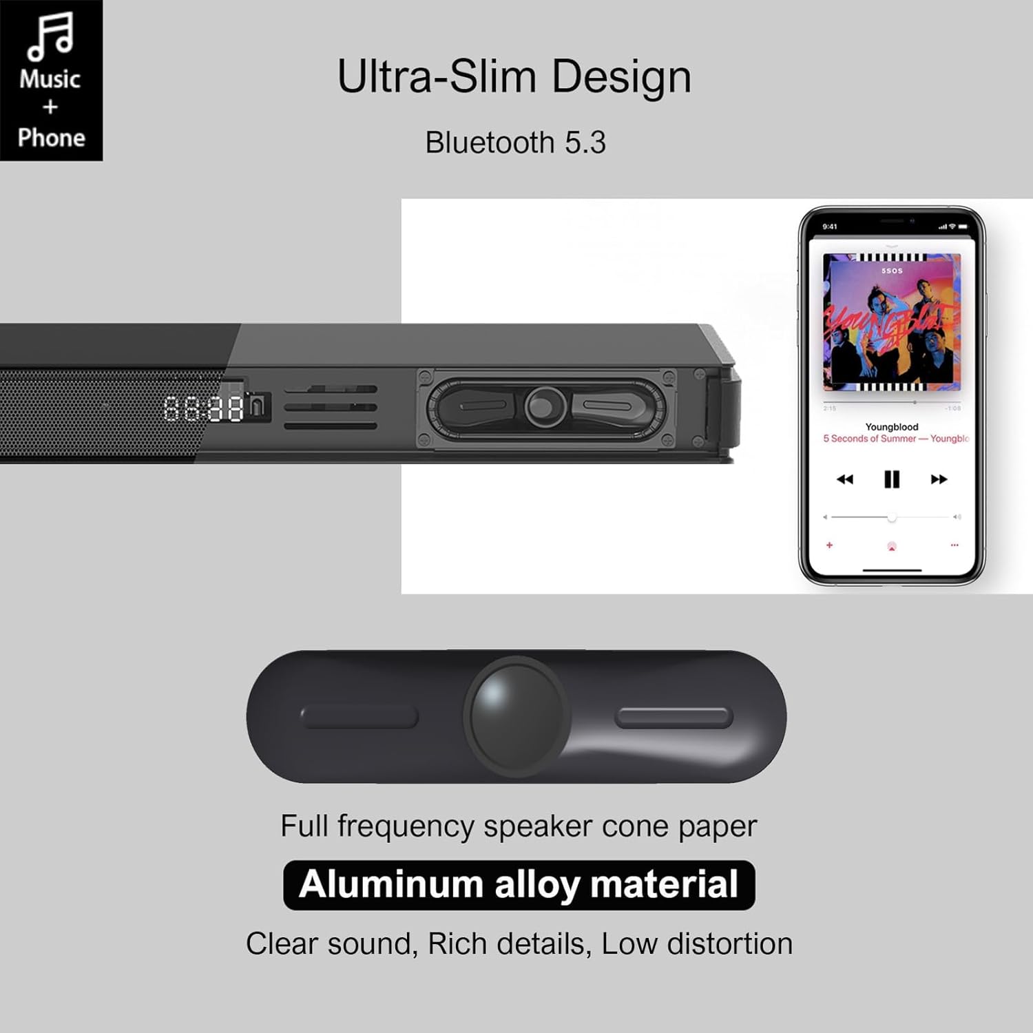 Close-up of Hiwill soundbar with display and controls