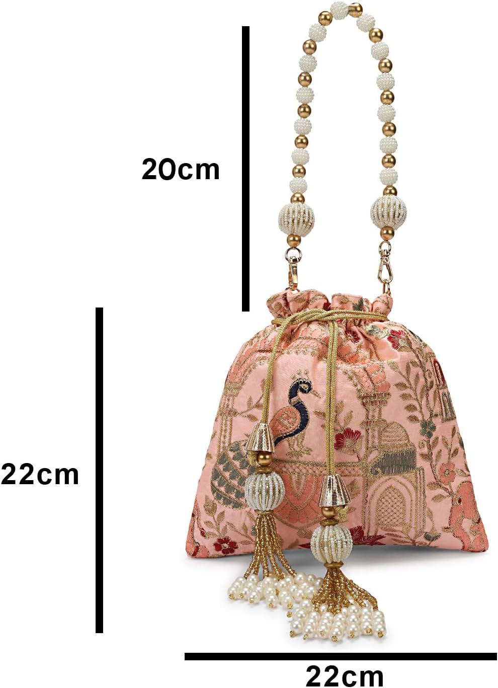 Luxury Embroidered Potli Bag, Silk with Gold Floral Pattern, Pearl Tassel Drawstring Closure, Traditional Wedding Pouch