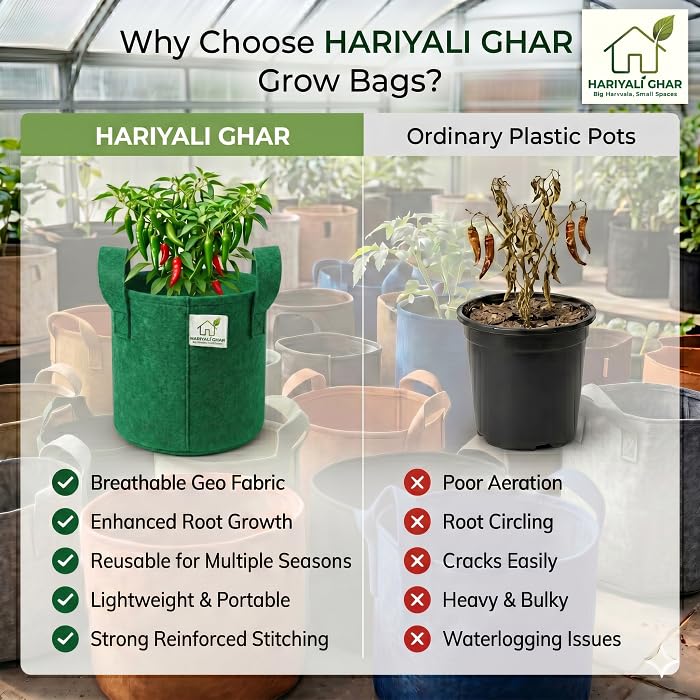Image of 400 GSM Geo Fabric Round Grow Bags 15x15 Inch with Handle, Green Planting Bags for Terrace and Kitchen Gardening Pack of 10