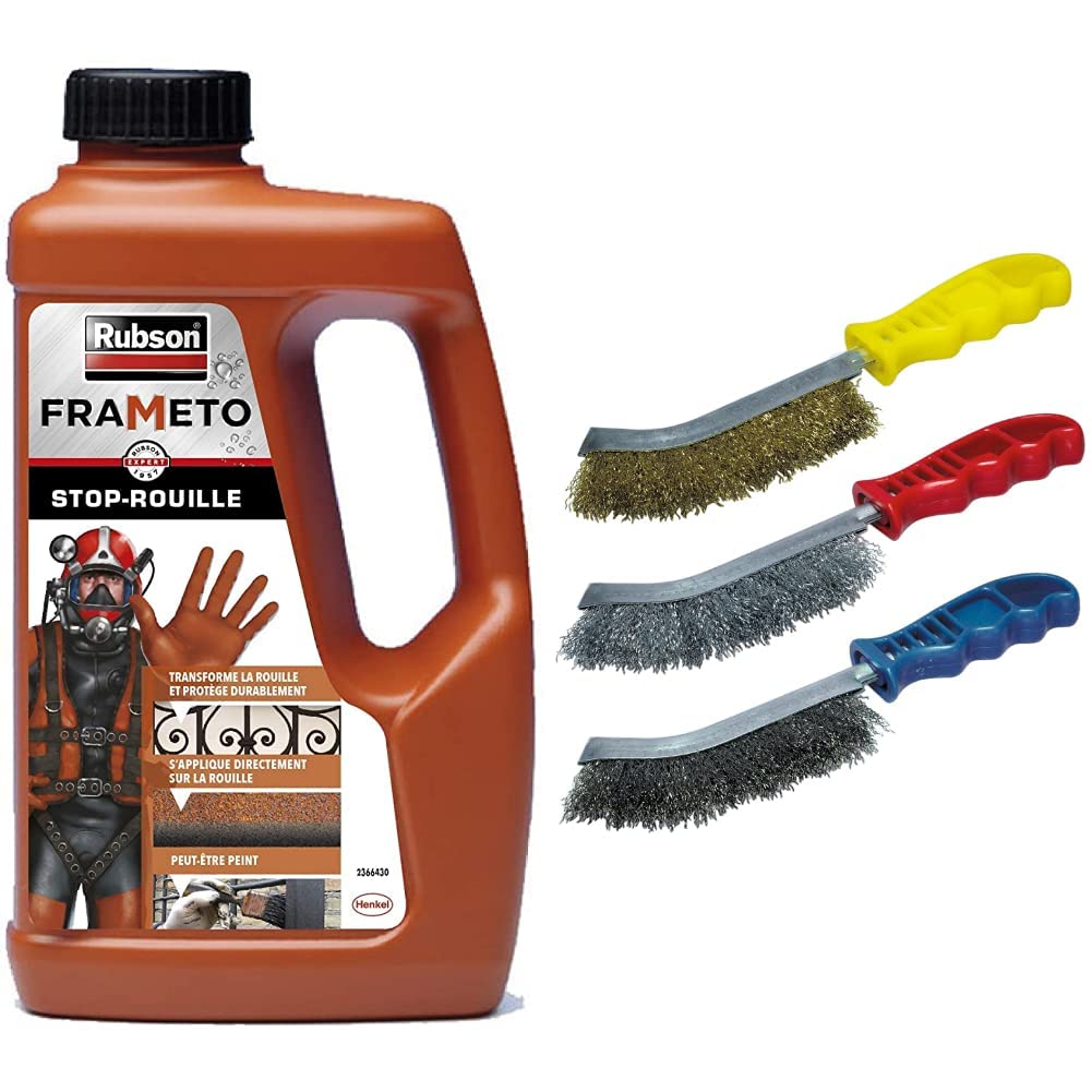 Antirouille liquide noir Rubson Frameto 1 L et brosses métalliques wolfcraft pour travaux de fer