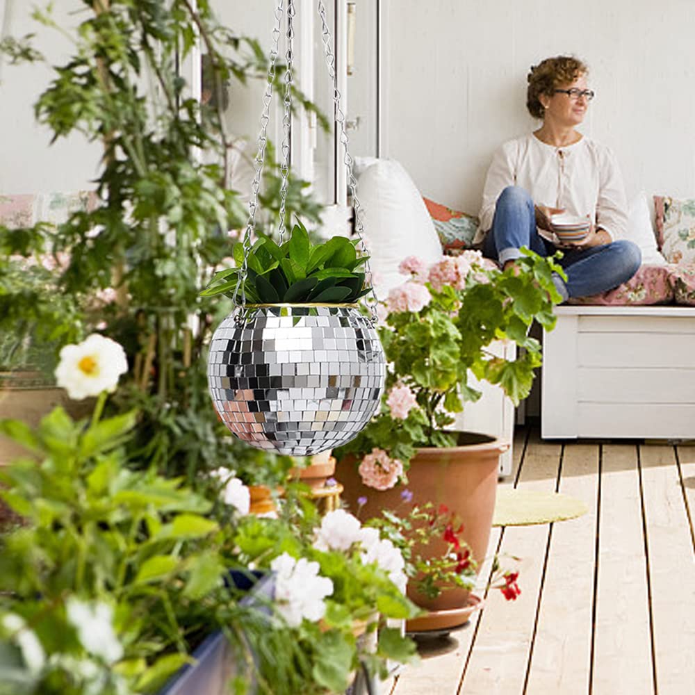 15cm Planteur de Boule de Disco,Pot de Fleurs Boule à Facettes avec Chaîne et Corde en Macramé, Boho Macramé Plante Cintre pour Intérieur Extérieur Maison Jardin Jardinière Décor