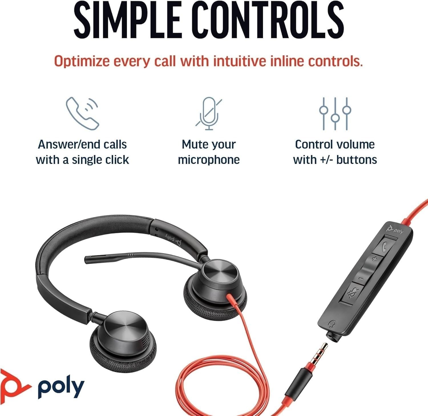 Micro-casque filaire Poly Blackwire 3325 – Perche de microphone flexible – Son stéréo hi-fi, Connexion à un PC/Mac/téléphone portable via USB-C, USB-A ou prise Jack 3,5 mm, Fonctionne avec Teams, Zoom