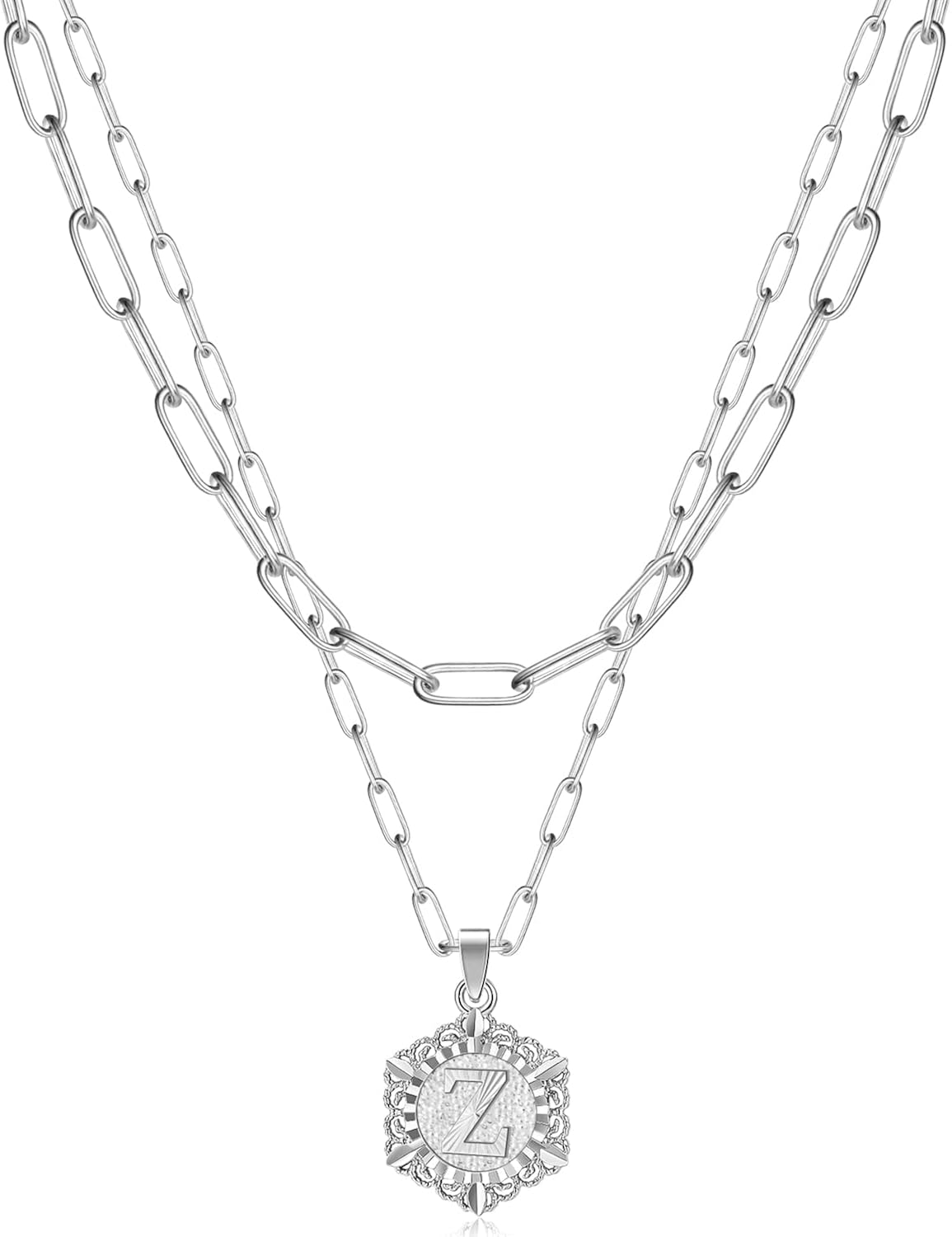 KissYan Initial Necklaces for Women 14K Gold Plated Hexagon Letter Pendant Silver Chain Dainty Layered White Gold Paperclip Link Adjustable Capital A-Z Choker Necklace Trendy Jewelry Gifts