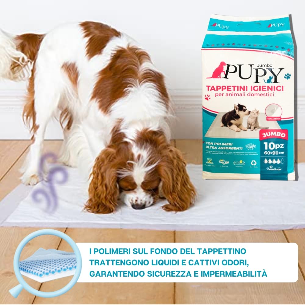 PUPY Jumbo - 200 tappetini igienici per cani con Polimeri Ultra-Assorbenti. Traversine Cani 60x90 Monouso e Anti-Odore, Traverse Cani con 4 Lati Super-Adesivi (60x90, 200)