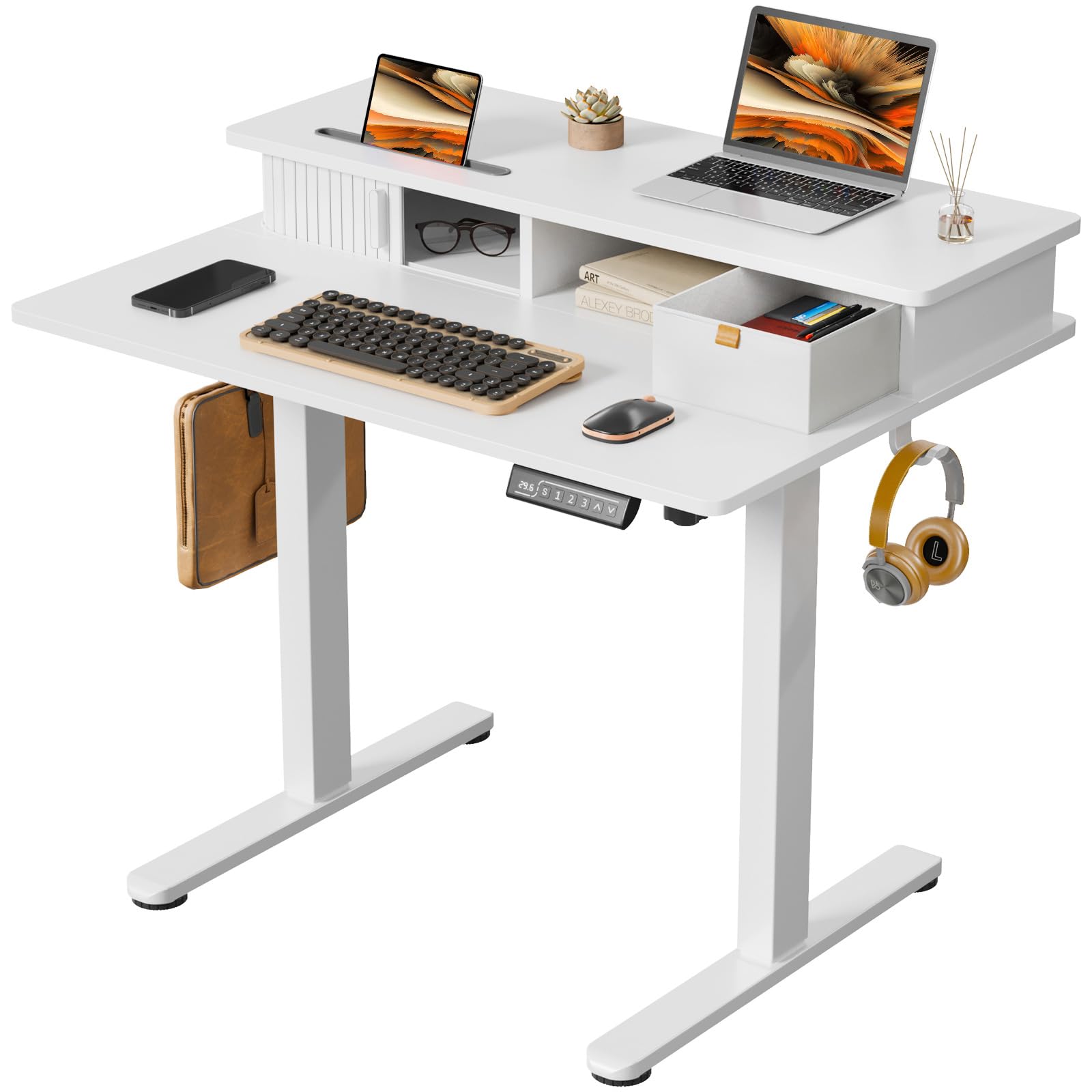 JOY worker Small Electric Standing Desk 35 x 25 Height Adjustable Desk with Built-in Monitor Stand Storage Drawer