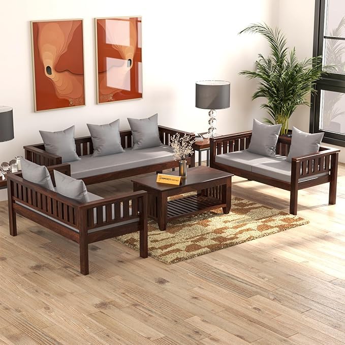 Image of Sheesham Wooden 7 Seater Sofa for Living Room | Rosewood 7 Seater Cushion Sofa Low Height | Solid Wood Sofa Set for Lounge (3+2+2,Walnut Finish)