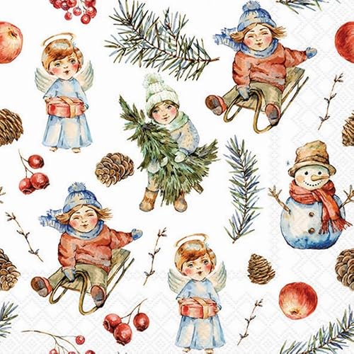 20 Servietten Weihnachten Nostalgische Kinder und Schneemann als Tischdeko. Papierservietten mit Motiv. Auch für Decoupage und Serviettentechnik 33x33cm