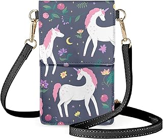 ENLACHIC Small Cell Phone Purse Crossbody Bag Leather Cellphone Bags Card Holder Purse Shoulder Bag with Strap,Unicorn Flower