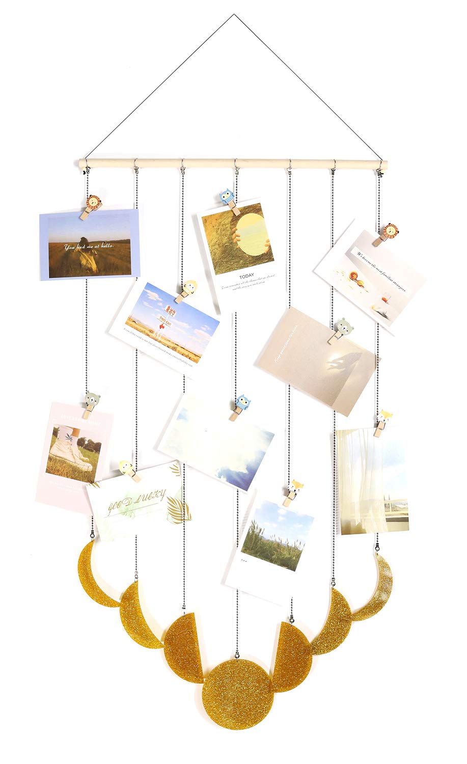 ENMOLOVE Photo Hanging Display with Clips Moon Decor,Moon Phase Wall Hanging Photo Display Collage Picture Card Holder for Home Office Nursery Room Dorm (Gold)