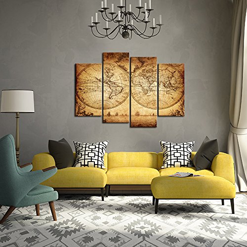 Sechars - Canvas Wall Art Panels Vintage World Map Painting Framed - 4 Pieces Canvas Art Retro Antiquated Map Of The World Painting Abstract Picture Artwork For Home Office Decor #TOP3