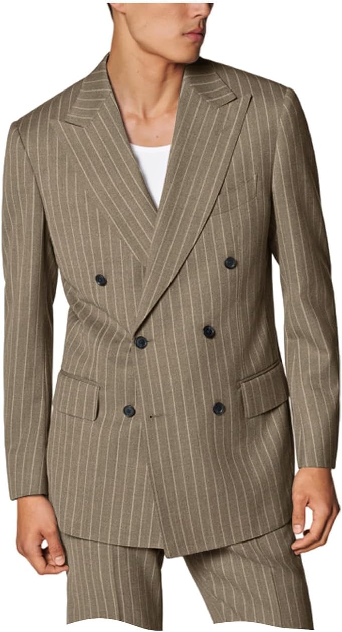 Men's Striped Blazer and Pants Suit Double Breasted Spring Summer Casual Business
