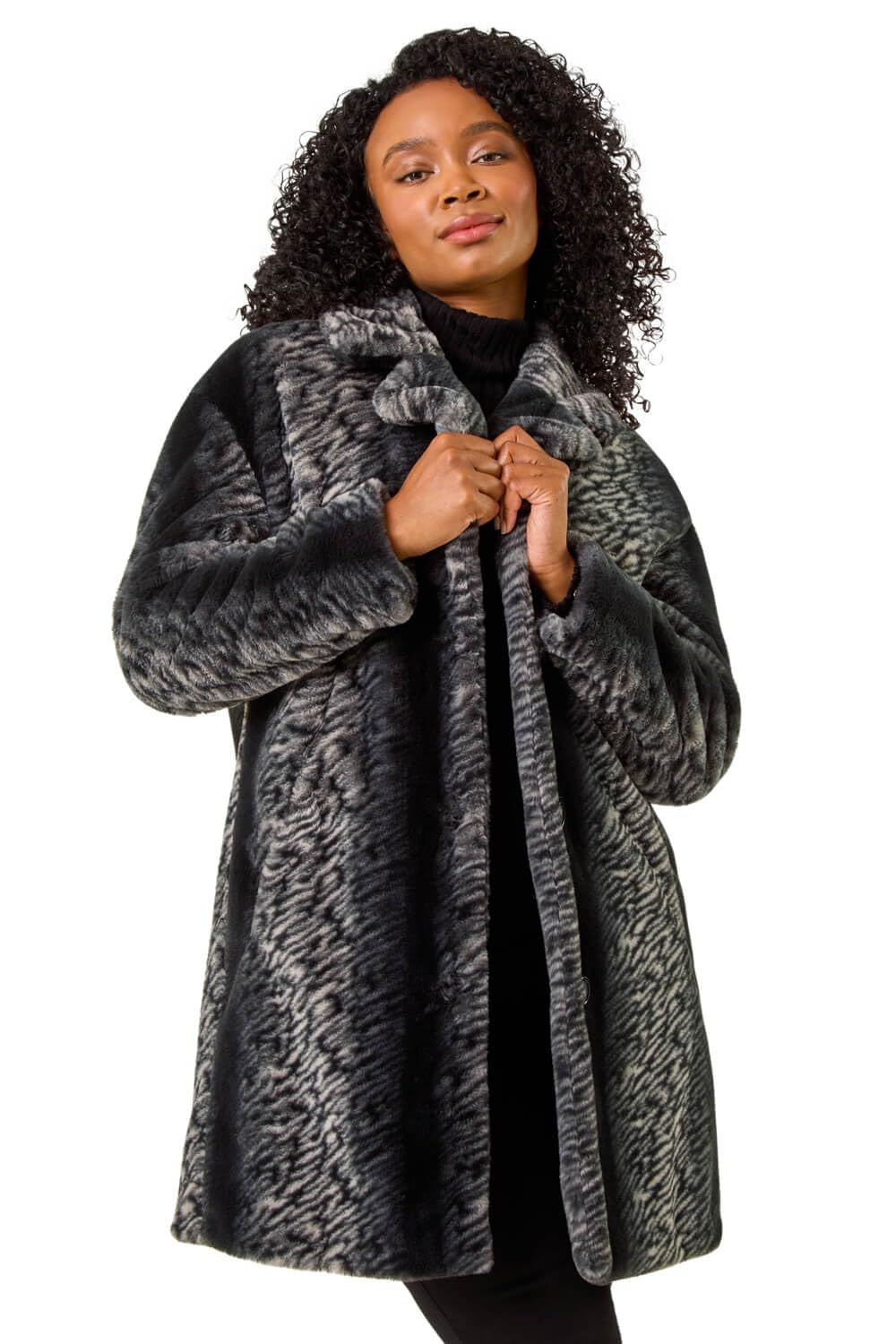 Roman Originals Women Faux Fur Coat - Ladies Jackets Teddy Bear Plush Casual Soft Fluffy Textured Oversized Warm Cosy Autumn Winter Flattering - Petite Noir - Size 18
