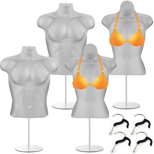Sintuff 4 Pack Male and Female Mannequin Torso with Stand Dress Form Hollow Back Shirt Mannequin Display Half Body Mannequin for Clothes White Clothing Mannequin for Craft Shows, S-Medium Clothes Size