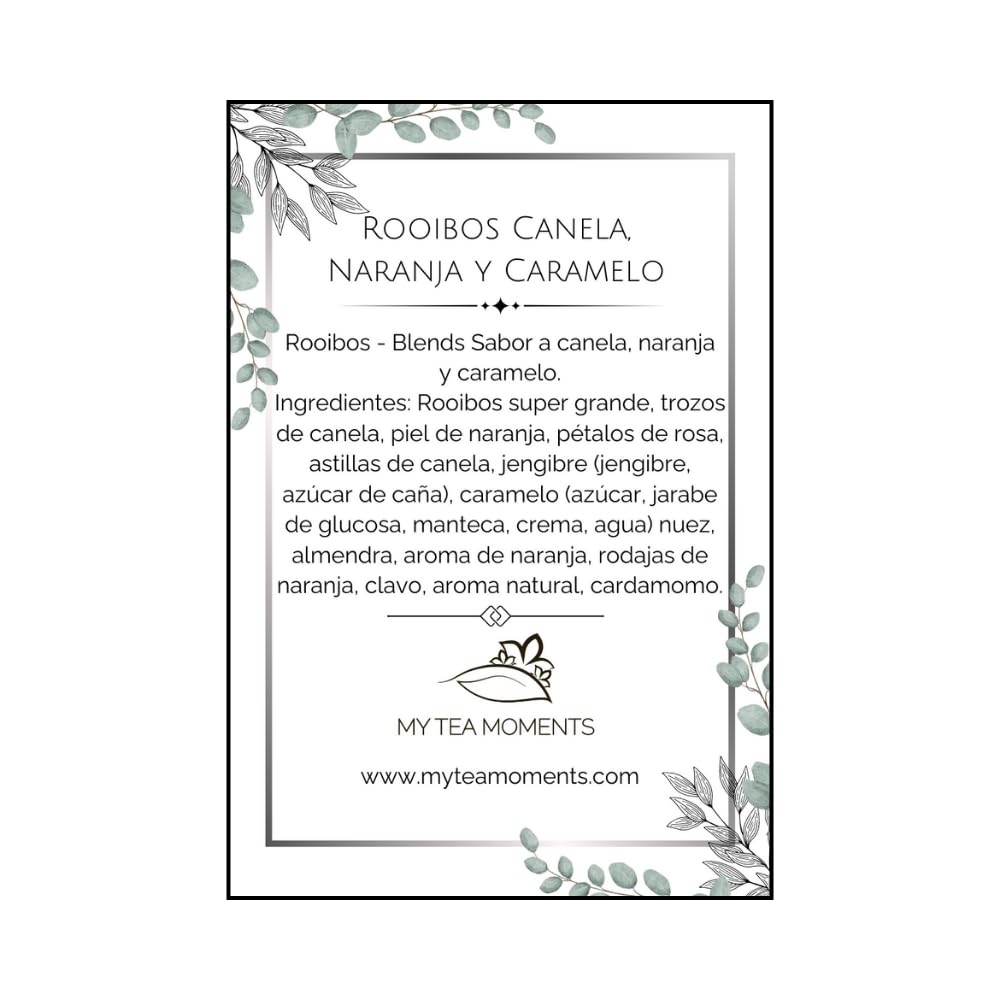Rooibos de Canela, Naranja y Caramelo a Granel 100 Gramos - Cultivo Sostenible - Ingredientes Naturales: Alcaravea, Almendra, Canela, Caramelo, Cardamomo, Clavo, Jengibre, Naranja, Nuez.