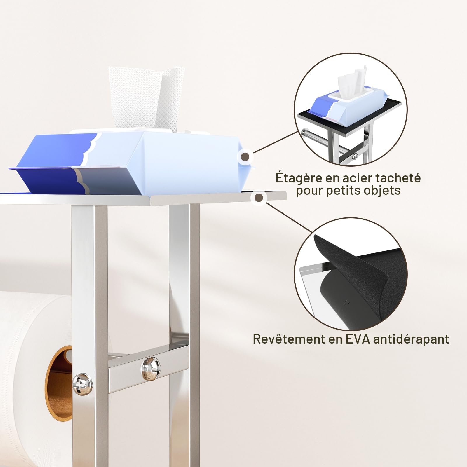 Porte-papier en acier inoxydable avec brosse de toilettes et étagère en verre argent